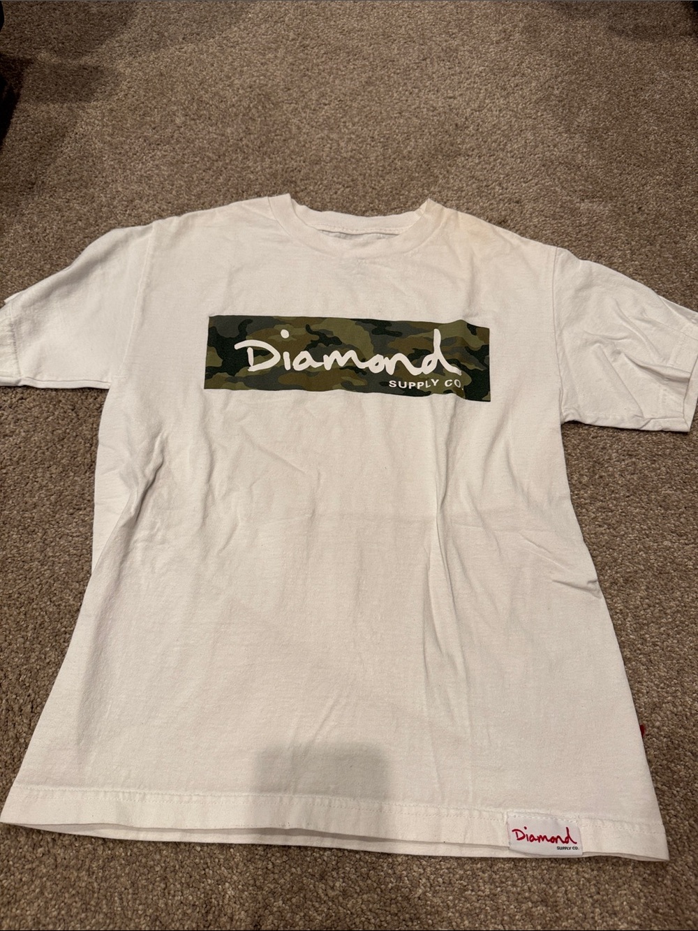 Diamond Supply Co. White Tee with Green Camo Logo Strip